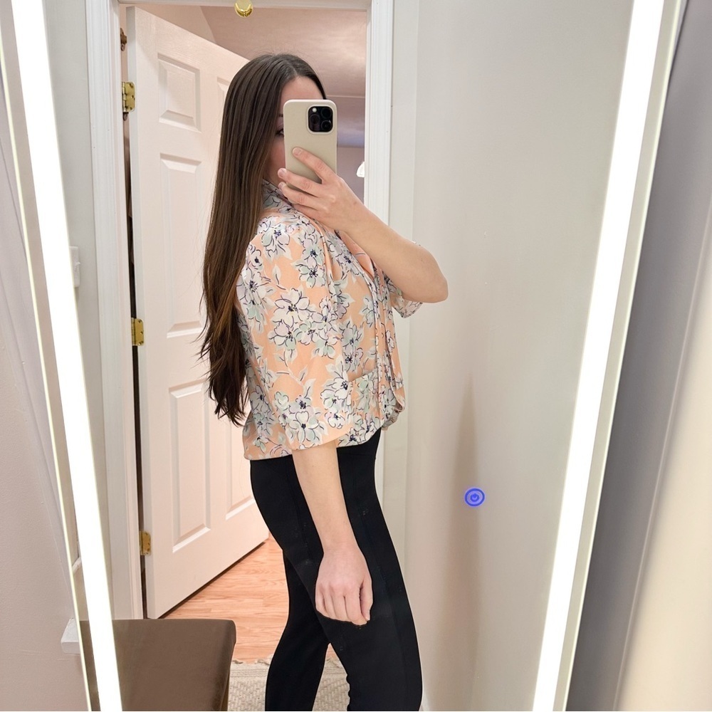 Cape Cod Match Mates Vintage Floral Ruffle Tie Collar Button Up Short Sleeve Top - Picture 4 of 8